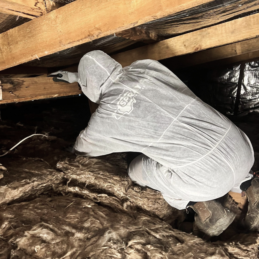 Spray foam installer in PPE installing insulation