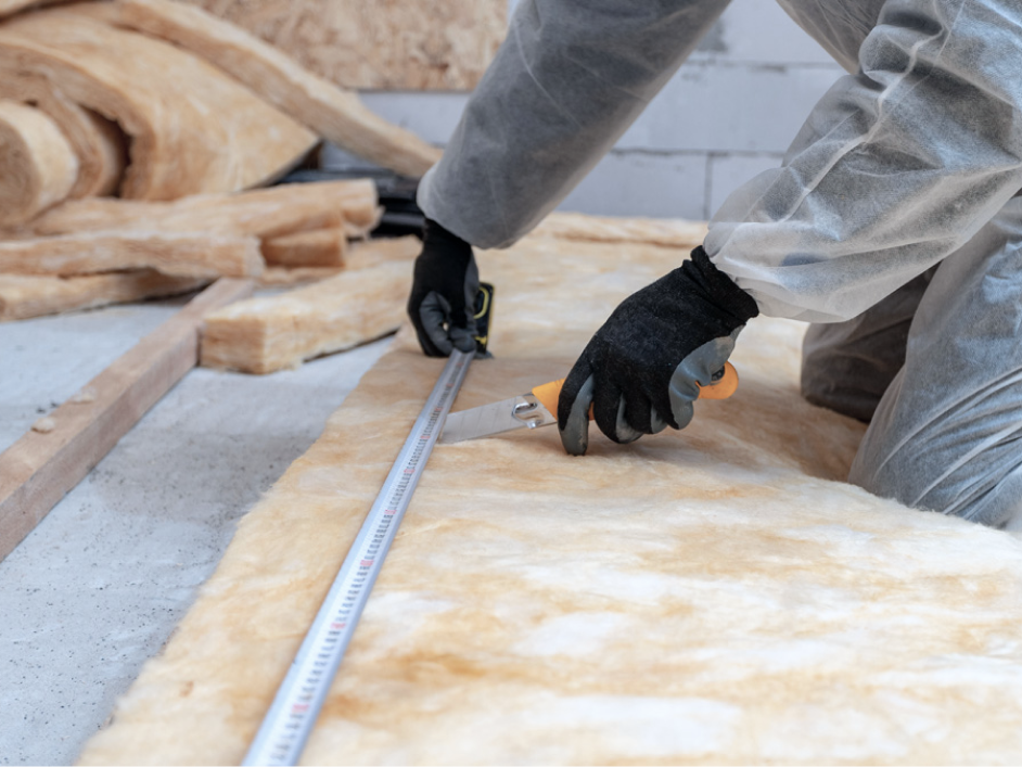 Person cutting insulation batt